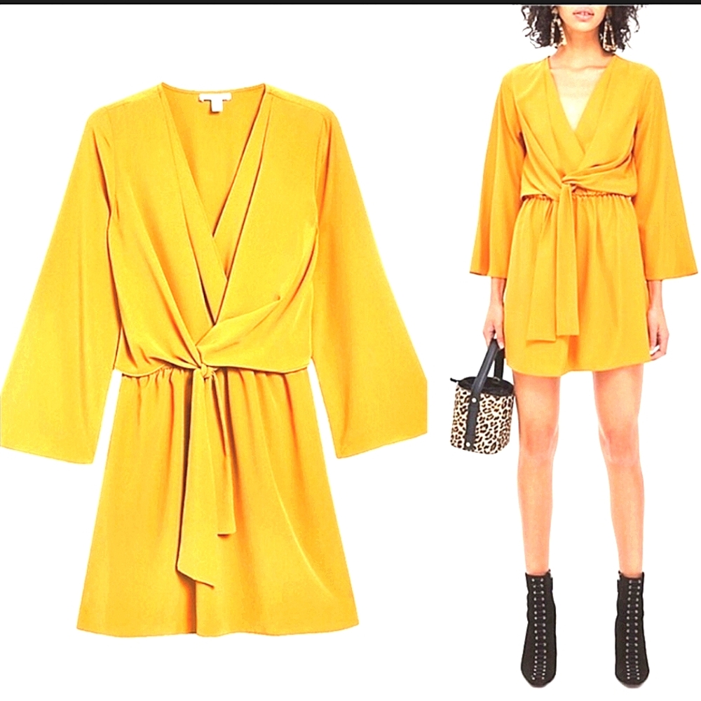 Topshop Chic Yellow Mini Dress Bell Sleeves Almost New Flattering Size 8